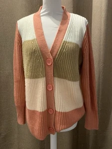 CHUNKY KNIT CARDIGAN BLOCK PATTERN PINKPEACH/TAUPE SIZE 14/16unbranded Button Up - Picture 1 of 6