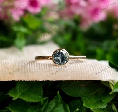Bezel teal montana sapphire ring vintage teal sapphire ring round cut teal ring - Image 1 of 4
