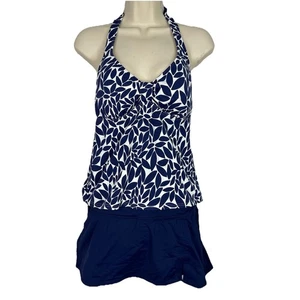 Costume da bagno donna Lands' End 2 pezzi Tankini taglia 8 blu navy bianco foglia con gonna - Foto 1 di 8