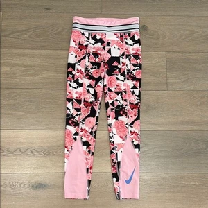 NIKE Girls Pink Black Dri-Fit Floral Abstract Printed Tight Fit Leggings Size L - Picture 1 of 14