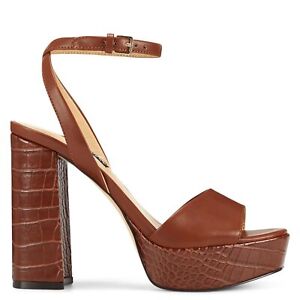 NINE WEST - ZENNA, Brown faux croc leather 5" block heel platform sandals SZ 7.5