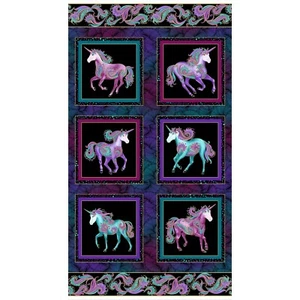 SALE! 23 x 42. panel colorful unicorns in 6 squares Benartex D386.05 metallic - Picture 1 of 1