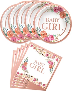 Baby Shower Plates and Napkins, 20 Pink Floral Paper Plates and 20 Rose Gold Foi - Picture 1 of 5