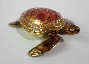 Vintage SEA TURTLE TRINKET BOX Tortoise Enamel & Rhinestone Crystals 3" Long - Picture 1 of 9