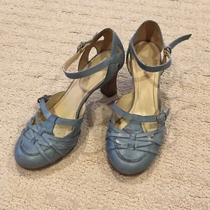 Prague Mujer Talla 5 Azul Tejido Cuero Zapatos Correa al tobillo Sandalias Tacones Apilados - Imagen 1 de 6