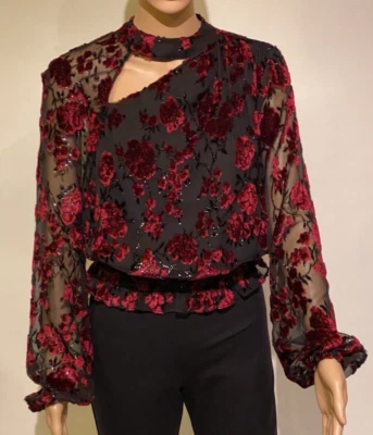 Blusa Top Camisa Parker Terciopelo Burnout Floral Roja Negra Para Mujer Talla XS Foto 1 de 4