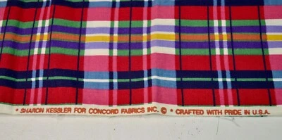 3/4 Yd Sharon Kessler Concord FABRIC USA Primary Colors Plaid Vtg Cotton Fabric  - Image 1 of 2