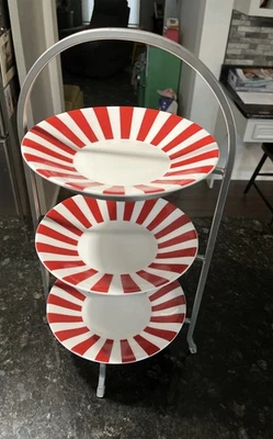 Crate and Barrel Plate PEPPERMINT 8.25"Salad Dessert Red Rim Set Of 3 With Stand - Image 1 of 4