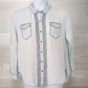 Camicia Knox Rose Denim Lyocell con bottoni accenti all'uncinetto boho donna taglia large - Foto 1 di 9