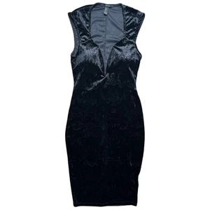 Forever 21 Velvet Bodycon Dress Burnout Midi Black Deep V Plunge Sexy Witchy - Picture 1 of 4