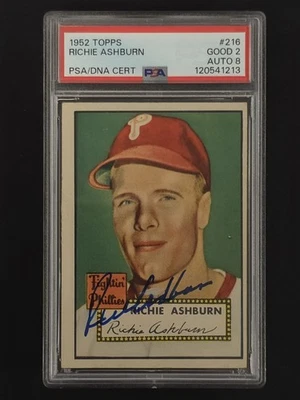 Richie Ashburn 1952 Topps #216 Auto PSA 2 w/ 8 Autograph Hall of Fame Phillies - Image 1 of 2