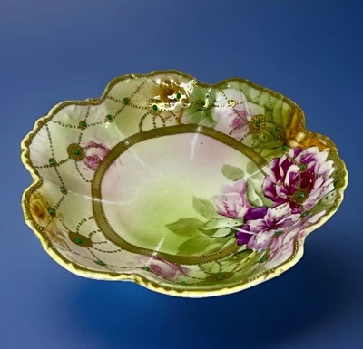 Antique Nippon Hand Painted Moriage Berry Bowl Pink Floral Gold Gilt Stunning 8” - Image 1 of 4