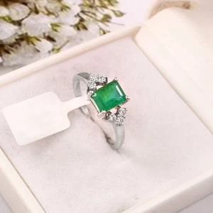 925 Silver Natural Octagon Emerald Ring Rectangle Engagement Ring Diamond Accent - Picture 1 of 10