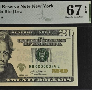 2013 $20 Federal Reserve Note PMG 67EPQ Superb Gem Low Serial Number 00000044 - Picture 1 of 3
