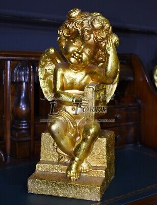 Statua Angelo Antico Barocco Foglia Oro Puttino Soprammobile Decorazione Casa R1 • 159.43€
