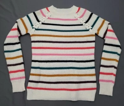 Women’s SO Perfectly Soft Rainbow Striped Open Knit Long Sleeve White Sweater XS - Image 1 of 4