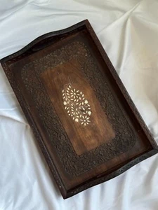 Handcrafted Wooden Serving Tray with Intricate Floral Carvings and Inlaid Design - Picture 1 of 11
