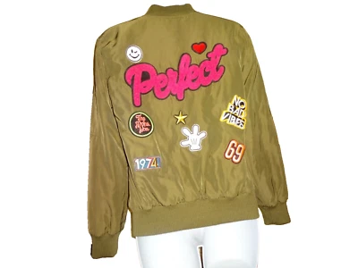 Boohoo Women's Sz Small Bomber Jacket Green With Patches No Bad Vibes 1974 (ZT) - Изображение 1 из 4