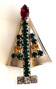 Vintage Christmas Tree Pin / Brooch, Openwork Prong Set Crystal Rhinestones Deco - Picture 1 of 3