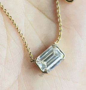 Half Bezel Set Emerald Cut Solitaire Pendant East West Moissanite Necklace Women - Picture 1 of 13