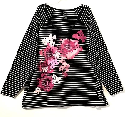 Camiseta JMS Just My Size 4X Gráfica Negra Rosa Brillo Flores Manga Larga Foto 1 de 4
