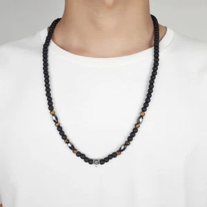 Mens Rosary Necklace Bead Matinee Chain Lava Stone Obsidian Tiger Eye Charm Gift - Picture 1 of 14