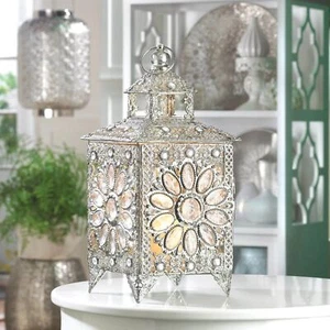 13.5" Silver Jewel Moroccan Candle Lantern Lamp Light Centerpiece Home Decor - Picture 1 of 4