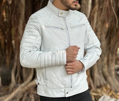Chaqueta de cuero blanca para hombre Chaqueta de motociclista de cuero genuino de piel de cordero real Foto 1 de 4