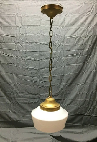 Antique 12" Schoolhouse Bank Ceiling Light Milk Glass Globe VTG Metal 182-22B Cover
