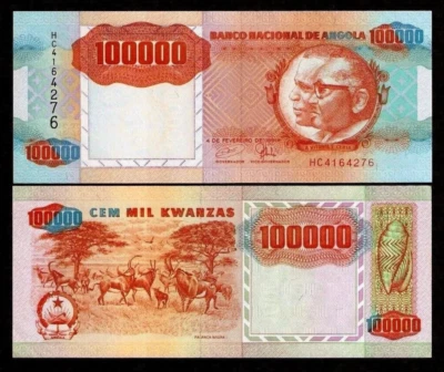 Angola 100000 KWANZAS P-133x 1991 Antelope UNC Angolan ERROR Currency BANK NOTE - Image 1 of 4