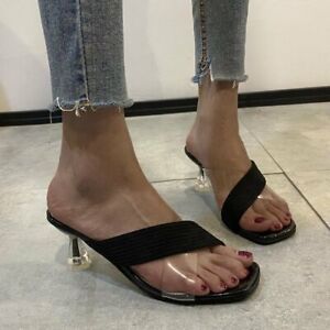 Ladies Summer Kitten Heels Clear Peep Toe Low Heels Slipper Sandals Shoes Mules