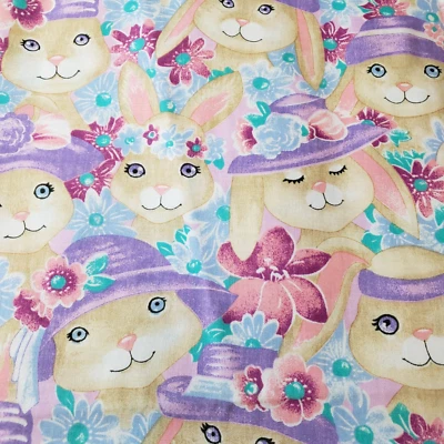 Tecido de coelhinho da Páscoa Springsmaid 1 jarda chapéus roxos florais vintage - Imagem 1 de 4
