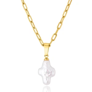 Dainty Nature Freshwater Pearl Cross Necklace White Pearls Link Chain Choker Sta - Picture 1 of 8