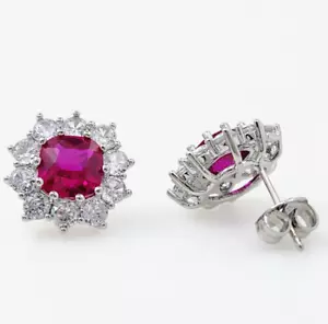 Genuine 8mm Square Red Ruby Stud Earrings In Sterling Silver - Picture 1 of 3