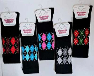Calcetines ricos en algodón sobre la rodilla negro diamante arcilla diseño de moda Reino Unido talla 4-8 - Imagen 1 de 40