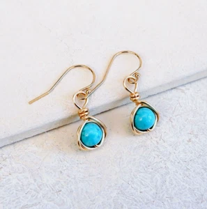 Turquoise Drop Earrings 14k Gold Filled Handmade December Birthstone Gift Box - Picture 1 of 4