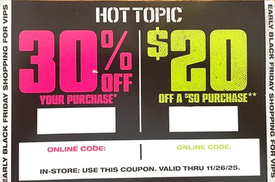 Hot Topic $20 Off $50 Purchase & 30% Off Purchase Card - EXP: 11/26/2025 - Image 1 of 4