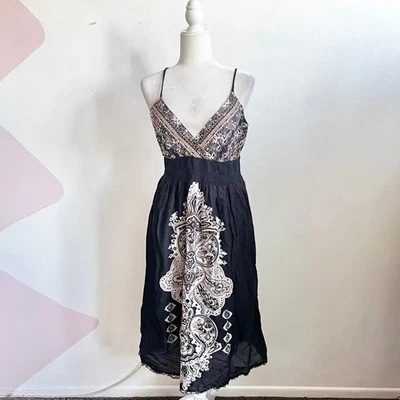 Black Paisley Babydoll Maxi Dress Boho Grunge Cottagecore 90s Festival Large - Image 1 of 4