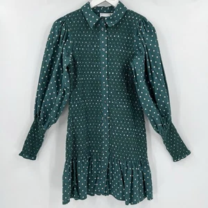 ASOS Smocked Polka Dot Green Mini Dress Long Sleeves Collared Button Size 4 - Picture 1 of 8