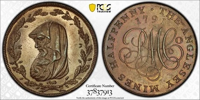1791 PROOF DH-387 Anglesey Wales G. Britain Half Penny Token PCGS PR63 Pop 1/0 - Image 1 of 4