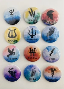 Pinback button Mythology Apollo Hermes Zeus Athena Poseidon Greek Gods Lot 12 - Picture 1 of 2