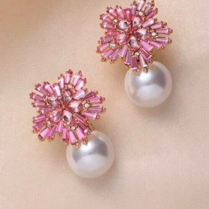 Pink Faux Pearl Crystal Earrings Gold Tone Flower Rhinestone Earrings Pierced US - Picture 1 of 4