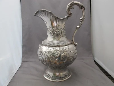 SUPERB! 1850s Coin Silver FLORAL REPOUSSE WATER PITCHER-J.E. Caldwell & Co-NR - Image 1 of 4