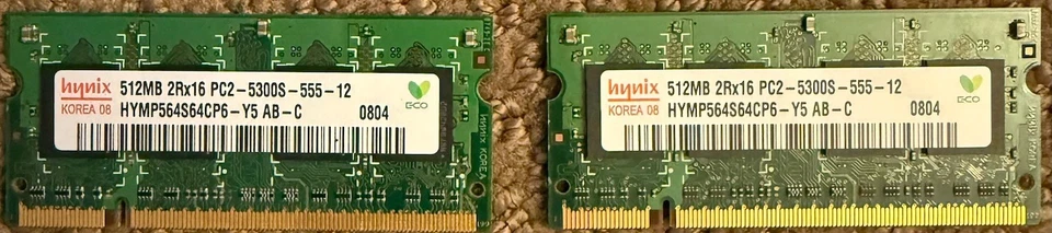 Hynix 1GB (2x512MB) PC2-5300S SO-DIMM DDR2 Laptop Memory (HYMP564S64BP6Y5) - Image 1 of 1