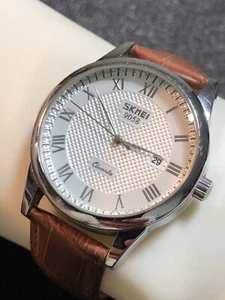 SKMEI 9058 Men’s Watch Silver Tone W/Date Brown Leather Band Roman Numerals - Picture 1 of 23