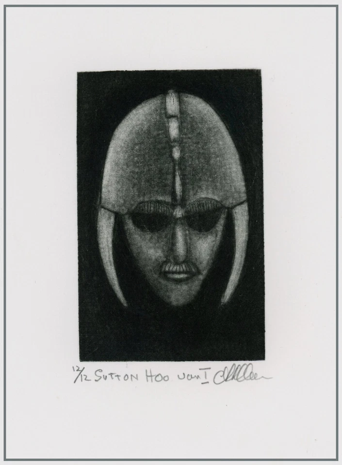 MASCARILLA CASCO SUTTON HOO anglosajón HISTORIA MEDIEVAL. MEZZOTINT original firmado Foto 1 de 1