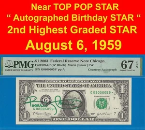 2003 $1 Federal Reserve Note PMG 67EPQ 2nd finest autograph birthday star - Picture 1 of 4