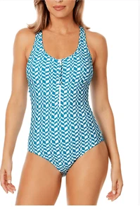 Anne Cole Marilyn printed blue white one piece bathing swimsuit size 10 zipper - Picture 1 of 6