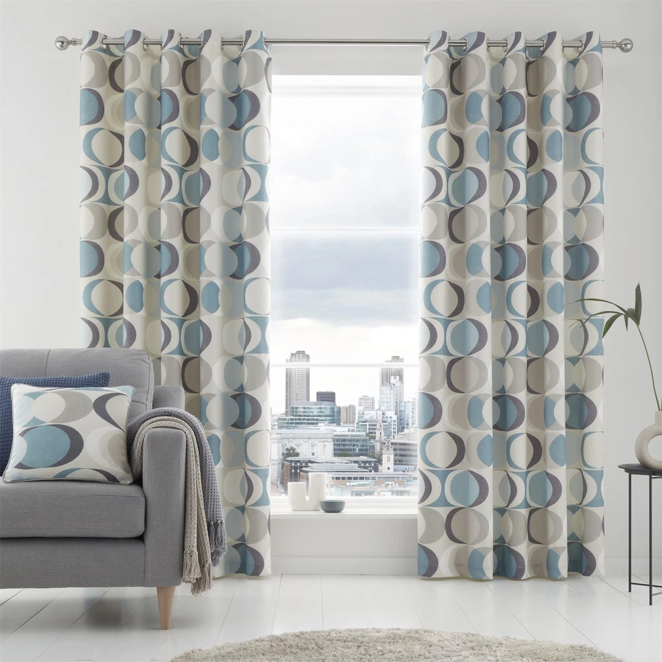 Sander Eyelet Curtains Fully Lined Geometric Print 100% Cotton By Fusion - Image 1 of 1