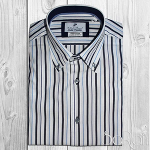 Camicia Uomo Casual Basic Bianca Cotone Righe Blu Manica Lunga Classica SARANI - Imagen 1 de 4